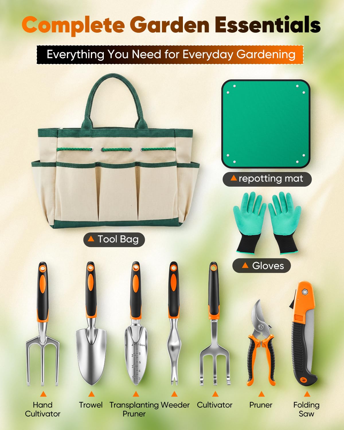 Garden Tool Set Gardening Tools - Heavy Duty Aluminum Tool Kit with Non-Slip Handle, Gardening Gloves and Tool Bag for Weeding, Planting and Pruning, Gifts for Women Mom (Orange Set)