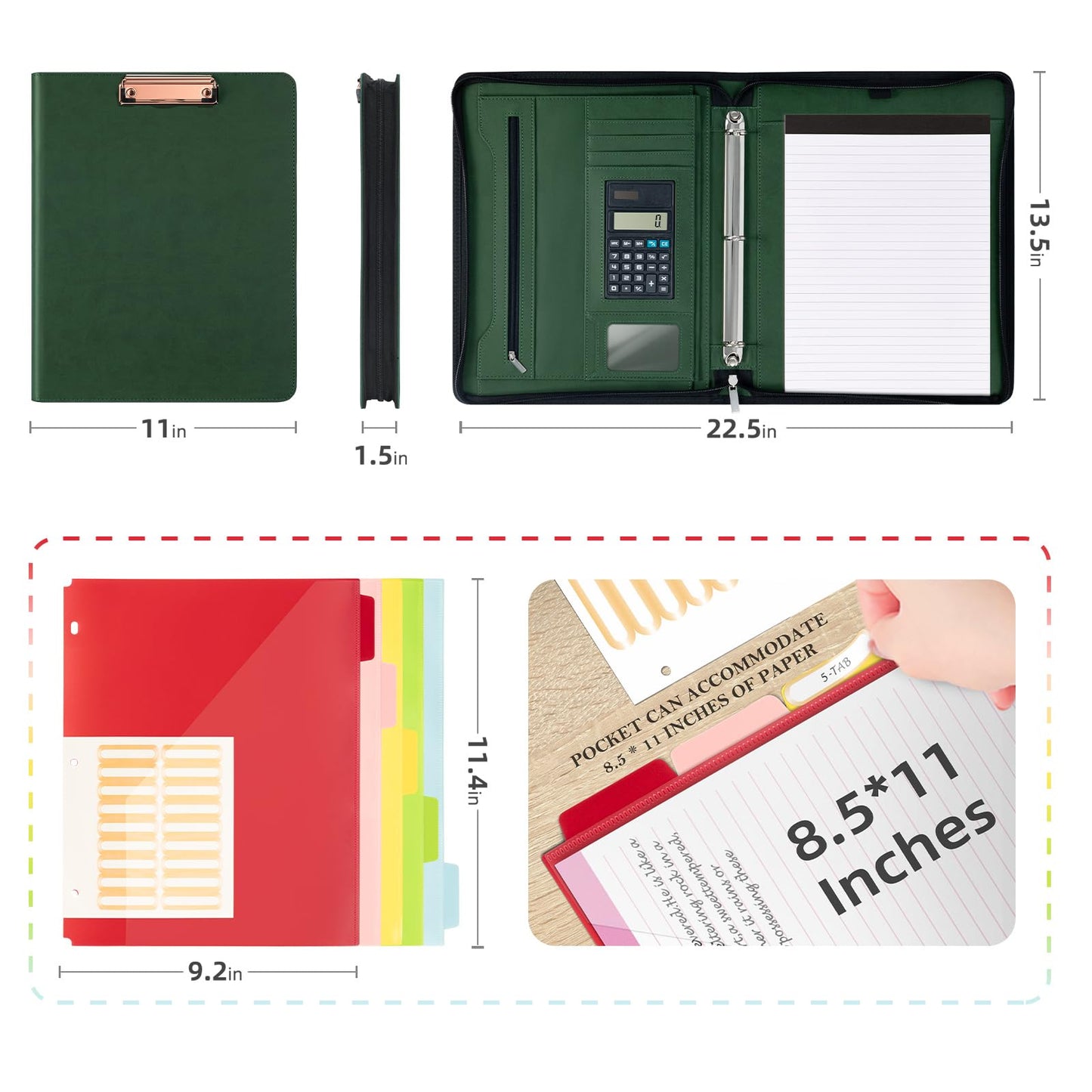 Ospelelf Green Clipboard with Storage 3 Binder Leather Portfolio Folder with Zipper, 12.1” Tablet Sleeve, 5 Dividers with Pocket, Refillable Notepad, Card Slot