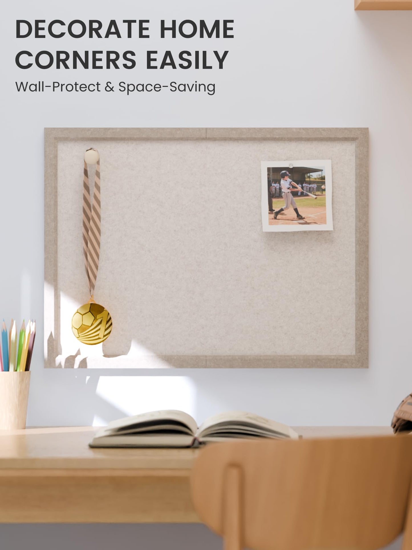 Fluxynara Foldable Cork Board Alternative, Felt Bulletin Board 23.6" x 17.5" Deep Camel Frame with 12 Adhesive Tabs, Pin Board for Home Office, Classroom, Entryway, Kitchen Wall Decor—Oatmeal