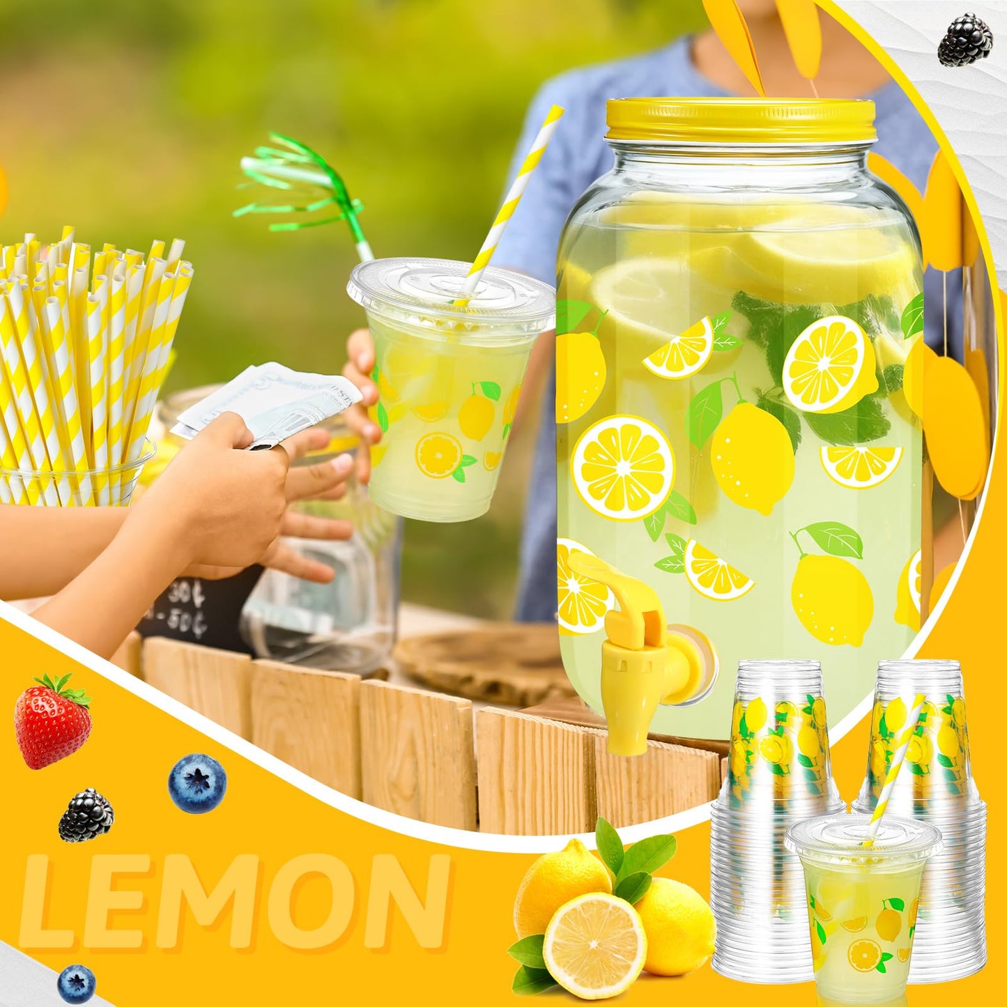 Umigy 1 Gallon Glass Lemonade Dispenser with 100 Pcs 16 oz Disposable Plastic Lemon Cups with Lids and Straw Drink Dispenser with Spigot for lemonade Stand Supplies Party Juice Ice Tea Beer Beverage
