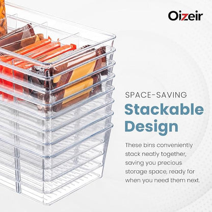 Oizeir Clear Pantry Organizer Bins 4-Pack - Fridge Organizer with 3 Removable Dividers - Kitchen Pantry Organizers & Storage - Storage Cabinet Snack