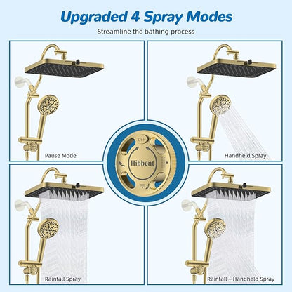 Hibbent cUPC Certified 13'' Shower Head Combo, High Pressure 5 Spray Rainfall Showerhead, 10 Spray Handheld, All Metal Easy Reach 4-way Diverter Arm with Pause Mode, 71'' Hose and Holder, Brushed Gold