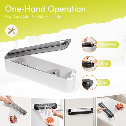 Aluminum Foil & Plastic Wrap Dispenser with Cutter - Magnetic & No-Drill Wall Mount, Cling Film Dispenser for Countertops & Cabinets, Space-Saving Kitchen Organizer - Fits 150 m Rolls, Black