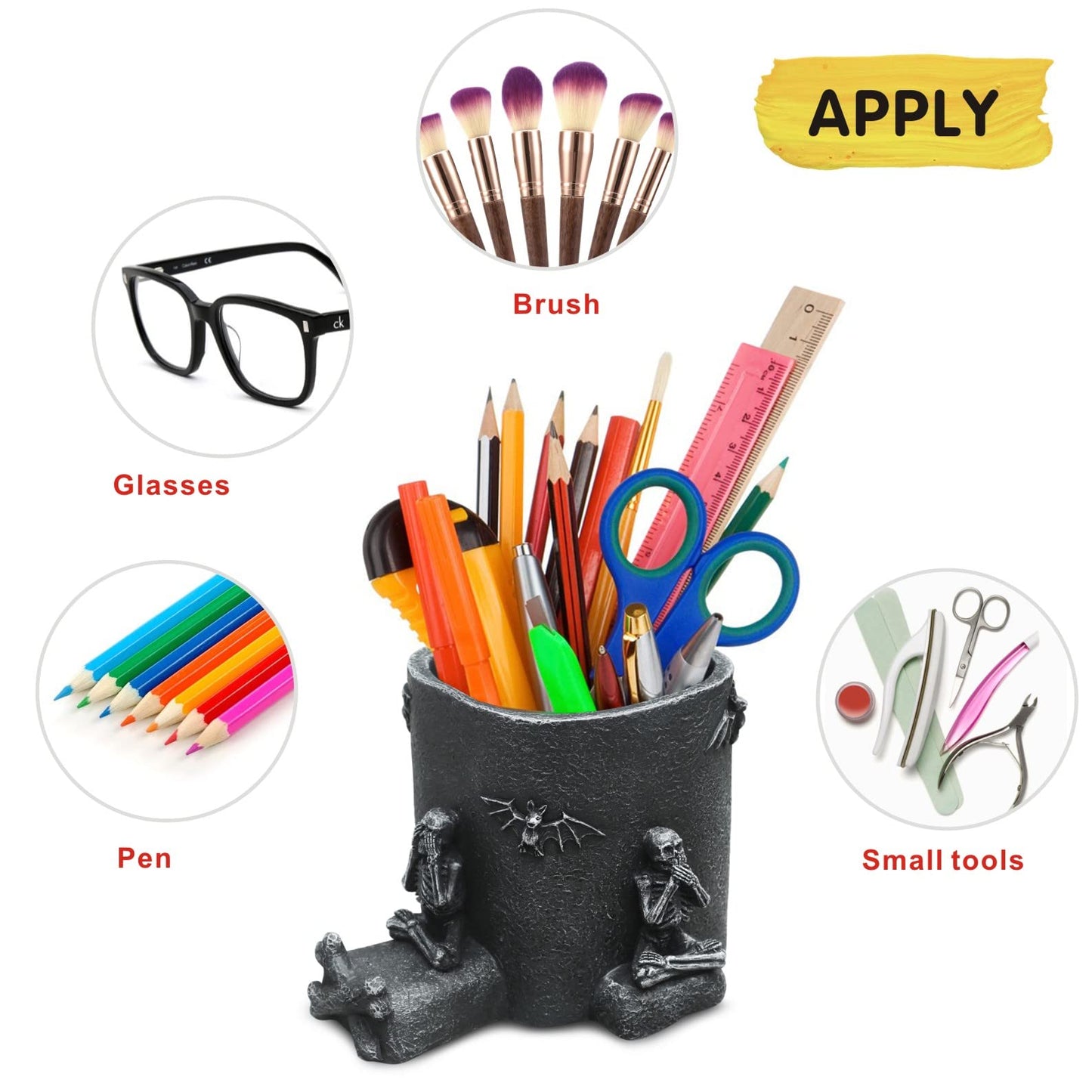 Skull Decor Pen Holder with Phone Stand Gothic Desk Accessories Black Skeleton Pencil Storage Organizers Goth Offices Supplies Home Halloween Decorations Unique Spooky Gifts for Men Women Dad Teacher