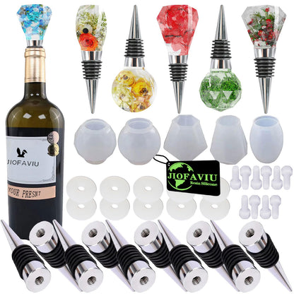 JIOFAVIU 15 Pcs Resin Wine Bottle Stoppers Molds Set, Wine Stopper Silicone Molds for Epoxy Resin (5 Molds and 10 Stoppers with 10 Screws)