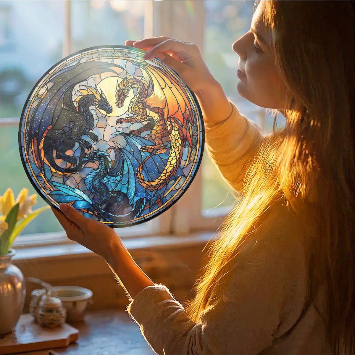 Greatingreat Dragon Stained Glass Window Hanging,7.87 Inch Bookshelf Decoration, Stained Glass Window Hanging Decoration, Whimsical Decor for Fantasy Lovers, Friends, Family, Classmates