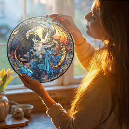 Greatingreat Dragon Stained Glass Window Hanging,7.87 Inch Bookshelf Decoration, Stained Glass Window Hanging Decoration, Whimsical Decor for Fantasy Lovers, Friends, Family, Classmates