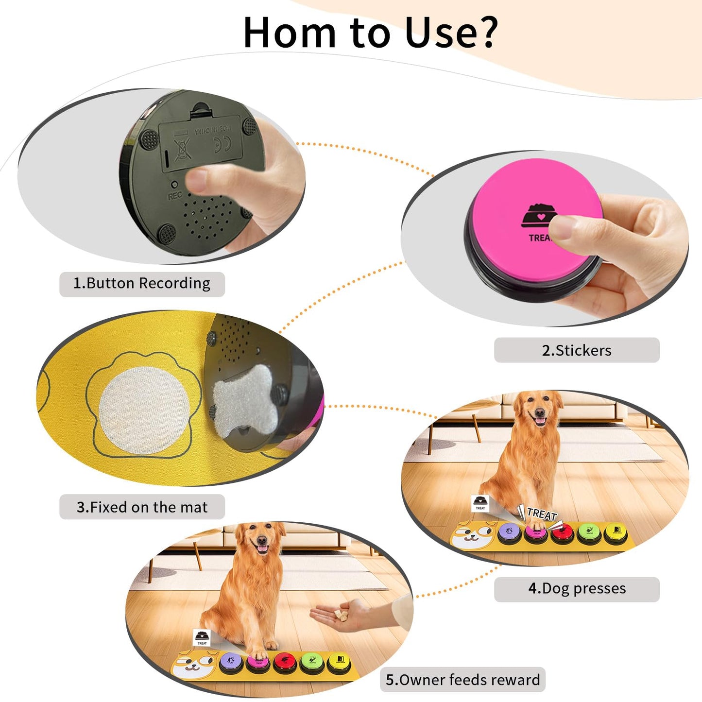 RIBOSY Dog Buttons for Communication, 5 Pcs Dog Speech Training Buzzers with Non-Slip Rubber Pad and 50 Stickers, 30 Seconds Voice Recording Button for Pet to Voice What They Want (Battery Included)