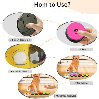 RIBOSY Dog Buttons for Communication, 5 Pcs Dog Speech Training Buzzers with Non-Slip Rubber Pad and 50 Stickers, 30 Seconds Voice Recording Button for Pet to Voice What They Want (Battery Included)