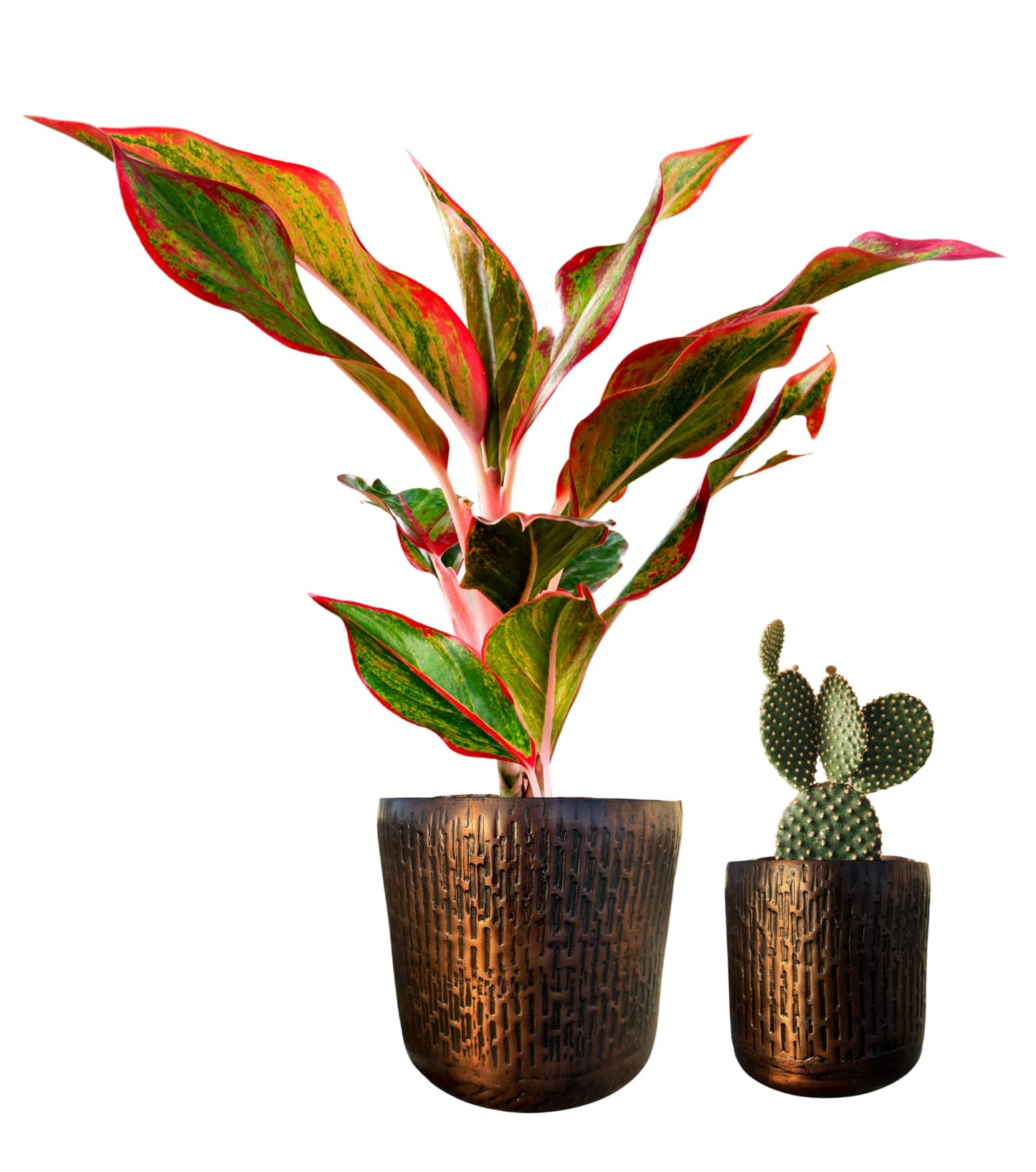 Set of 2 Antique Copper Handmade Metal Planters – Textured Grooved Design with Anti-Scratch Pads – Indoor Decorative Flower Pots with a Medieval Look – 7x7" and 5x5" Height Rustic Artisan Planter Set
