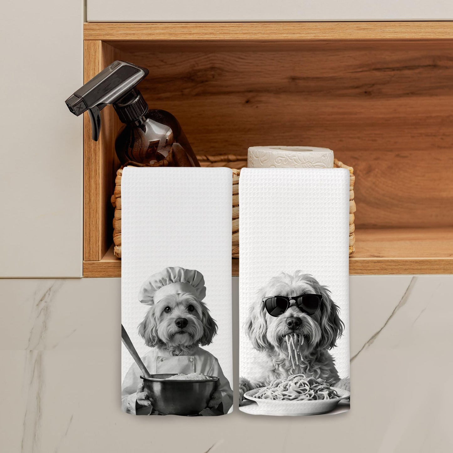 BCUANGD Dog Kitchen Towels Decor Set of 2 - Funny Lowchen Hand Tea Towels, Retro Black Puppy Dog Owner Gifts for Women Men Dish Towel Dishcloths Decorations for Home Kitchen, 16"x24"