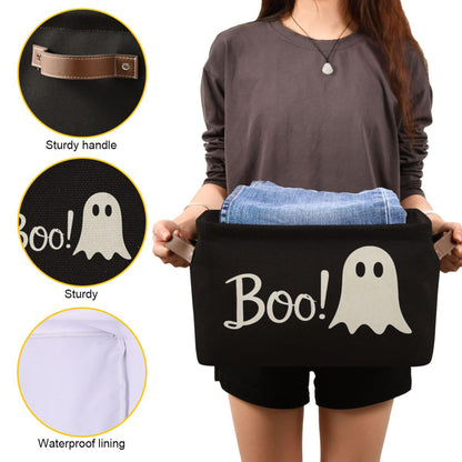 Wamika Halloween Ghost Boo Storage Basket with Waterproof Liner and PU Handles Spooky Bat Skull Storage Bins Boxes 14.2" Collapsible Decorative Organizer Baskets for Bedroom Closet Office 1 Pack