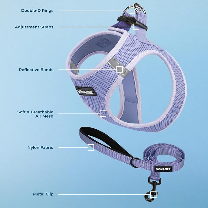 Best Pet Supplies Voyager Step-in Air All Weather Mesh Harness and Reflective Dog 5ft Leash Combo with Neoprene Handle, for Small, Medium and Large Breed Puppies - Lavender, XL