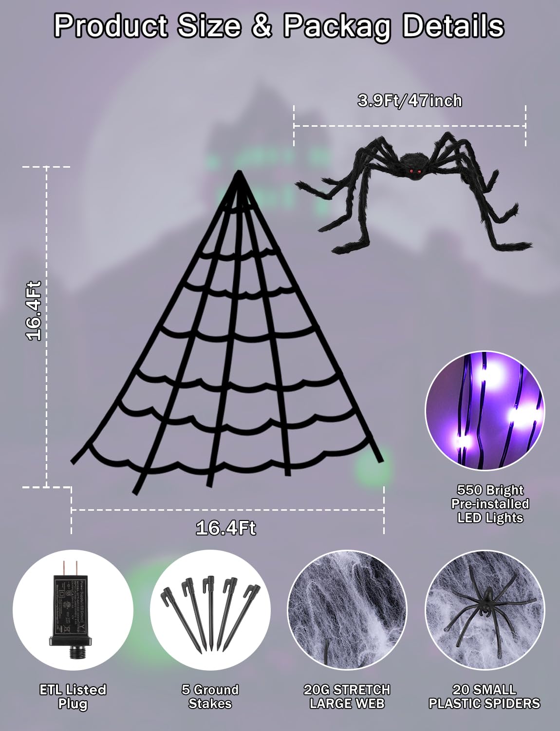 Halloween Decorations Outdoor Spider Web Lights - 16.4Ft Light Up Spider Web with 550 LEDs, Waterproof, 8 Modes Memory Function for Outdoor Yard Halloween Decorations (with Spider)