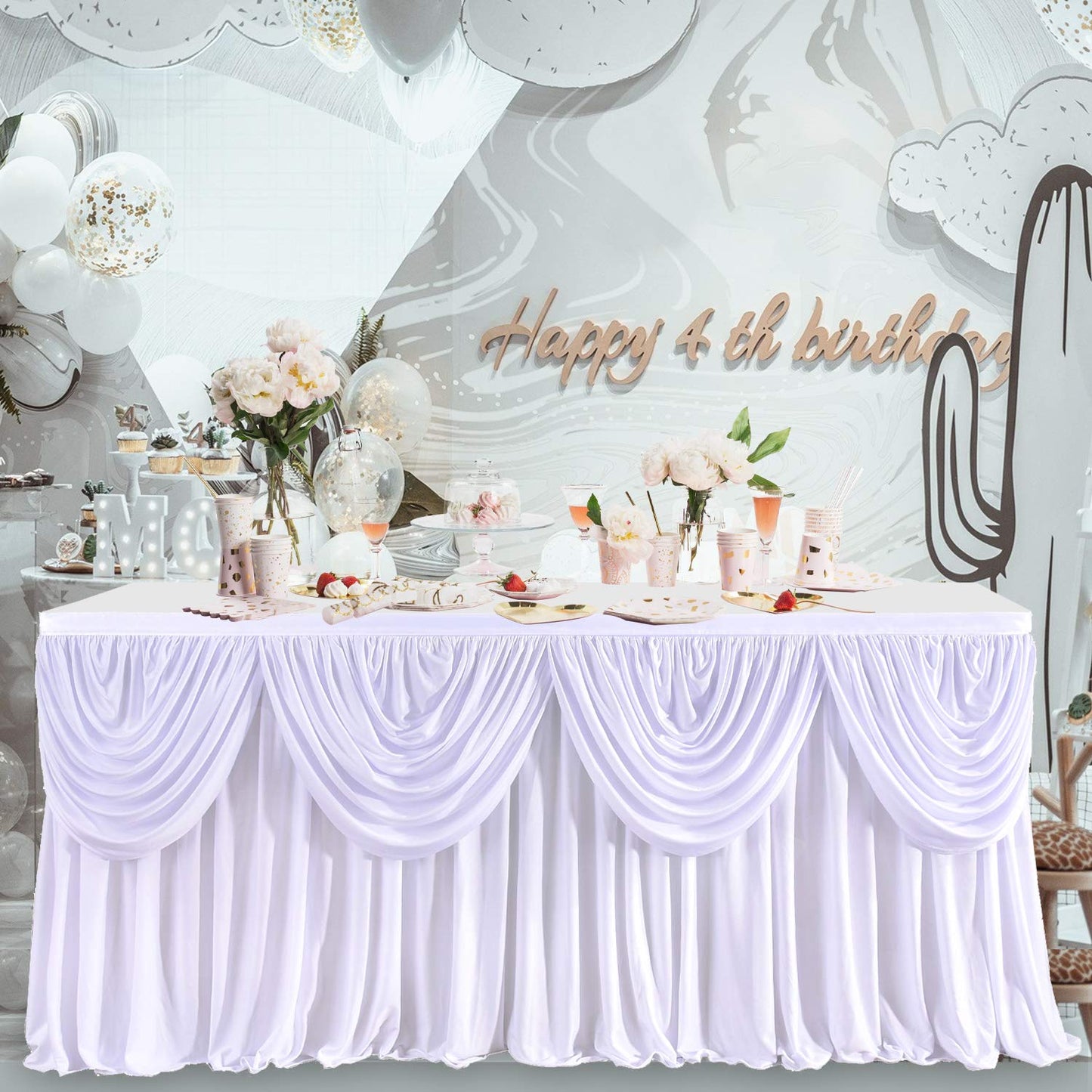 gogoparti White Tutu Table Skirts for Rectangle Tables 6ft Draped Pleated Table Skirt Polyester Tablecloth for Birthday Party Banquet Wedding Baby Shower