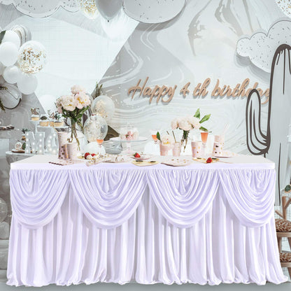 gogoparti White Tutu Table Skirts for Rectangle Tables 6ft Draped Pleated Table Skirt Polyester Tablecloth for Birthday Party Banquet Wedding Baby Shower
