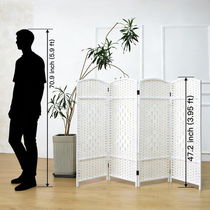 Furnnylane 4 Panel Rattan Divider Short Room Partition Screen,Double Sided Folding Divider for Room Separation,White,47.2" H x 63" W