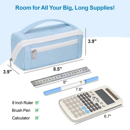 BrainyBees Large Capacity Pencil Case - Pencil Pouch for Teen Girls & Boys, Aesthetic Pouch Organizer with 8 Compartments, Wide Opening Marker Bag for Middle High School College, Fits Calculator, Blue