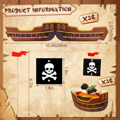 Vesici 72 Pcs Pirate Ship Cupcake Toppers Skull Cap Cupcake Picks Pirate Halloween Party Decorations for Birthday Party Cake Decorations Supplies