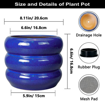 SQOWL 8 Inch Plant Pot - Ceramic Planter Indoor Plant Pot with Drainage Hole Outdoor Flower Pot Round Decorative Plant Pots for Kitchen Counter Desk Decor Blue