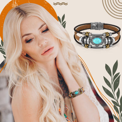 Sasylvia 6 Pcs Turquoise Bracelet for Women Leather Bracelet Western Jewelry for Women Multilayer Boho Cuff Bangle Set(Classic)