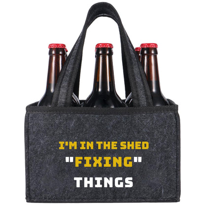 Felt Bottle Carrier for Men, Funny Garage Man Cave Gift, Birthday Gift for Dad, Husband, Boyfriend, Beer Lover, Backyard BBQ & Party Drink Carrier, 6-Bottle Beer Tote with Handle