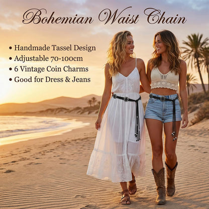 Buywis Women Knotted Waist Belt Bohemian Style Tassel Belt Vintage PU Leather Belts for Dresses Black Fit Waist 27.6"-39.4"
