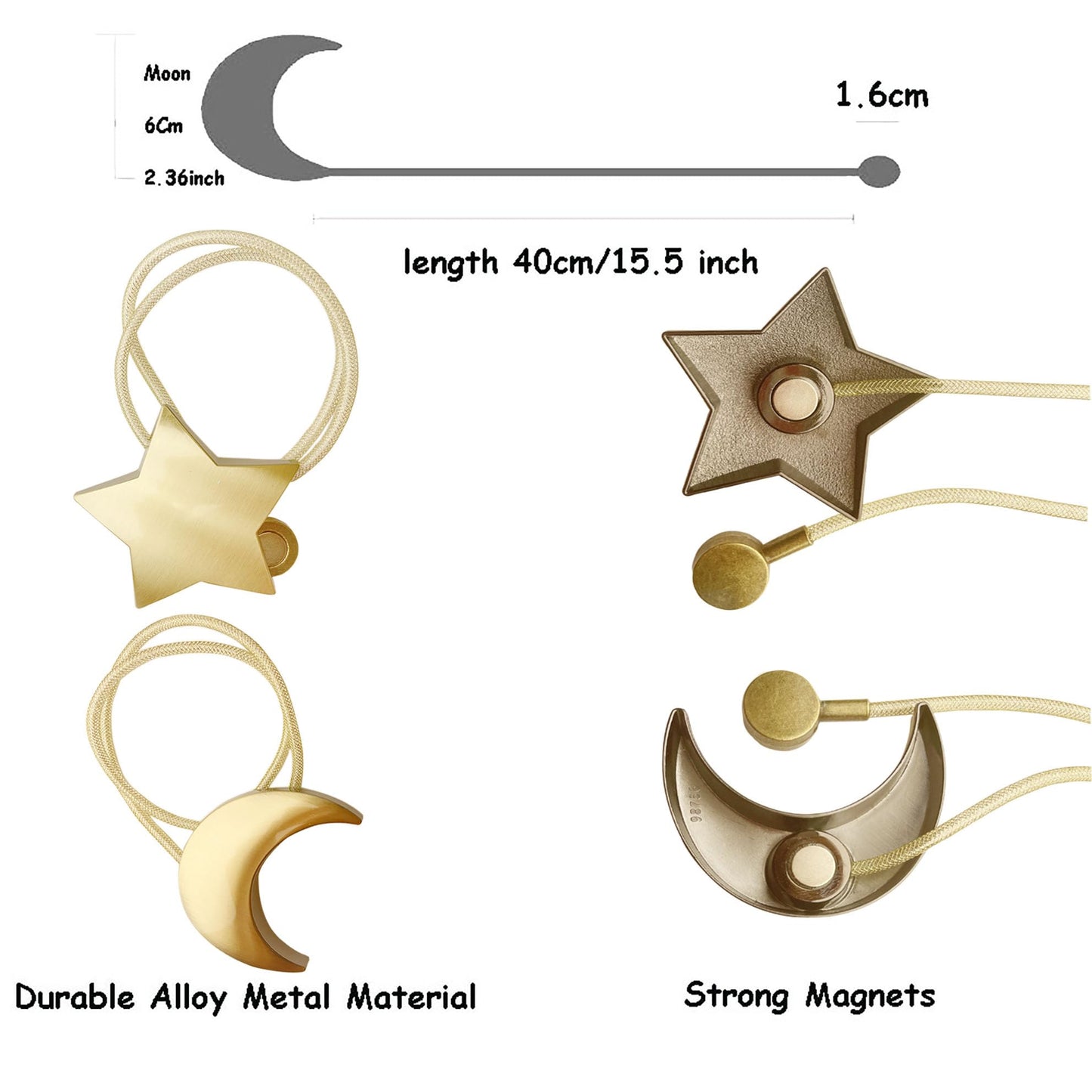 Magnetic Curtain Tiebacks Clips Decorative Rope Holdbacks 1 Pair Gold Moon and Star Shape Window Curtain Drape Tie Backs for Window Draperies Hold, Bedroom Home Décor (1pc Moon +1pc Star)