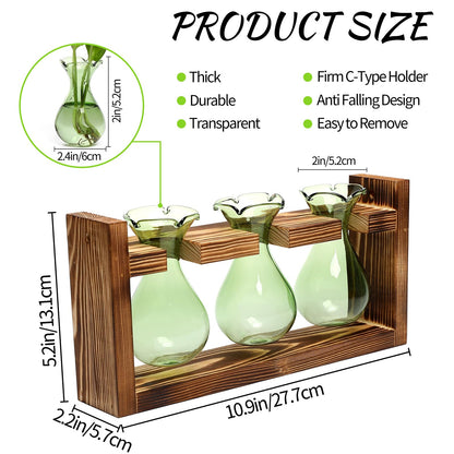 Plant Propagation Station Plant Terrarium Unique Birthday Gifts for Women Home Office Decor Planter with Wooden Stand - 3 Bulb Glass Vase