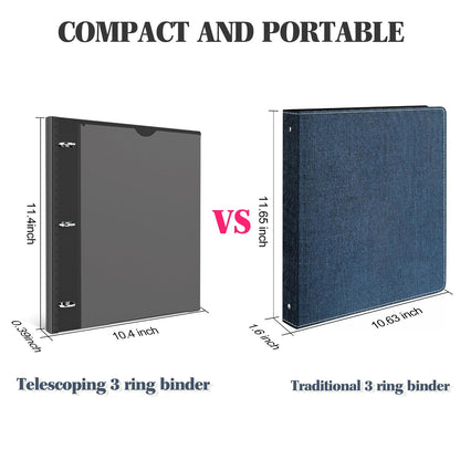 INFUN Telescoping 3 Ring Binder -4PCS-Black, Flexible Round Binder with Customizable Front Cover and Clear Catalog Pocket, 0.75 Inch Rings, Holds 160 Sheets 8.5x11 inch Paper