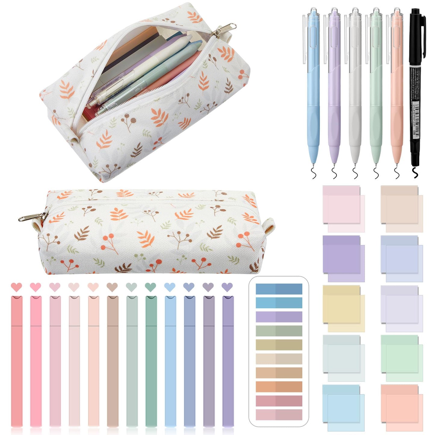 Jutom 39 Pcs Aesthetic Book Annotation Kit Highlighter with Case Bag Gel Pen Transparent Sticky Note Taking Book Supplies (Beige, Floral Style)