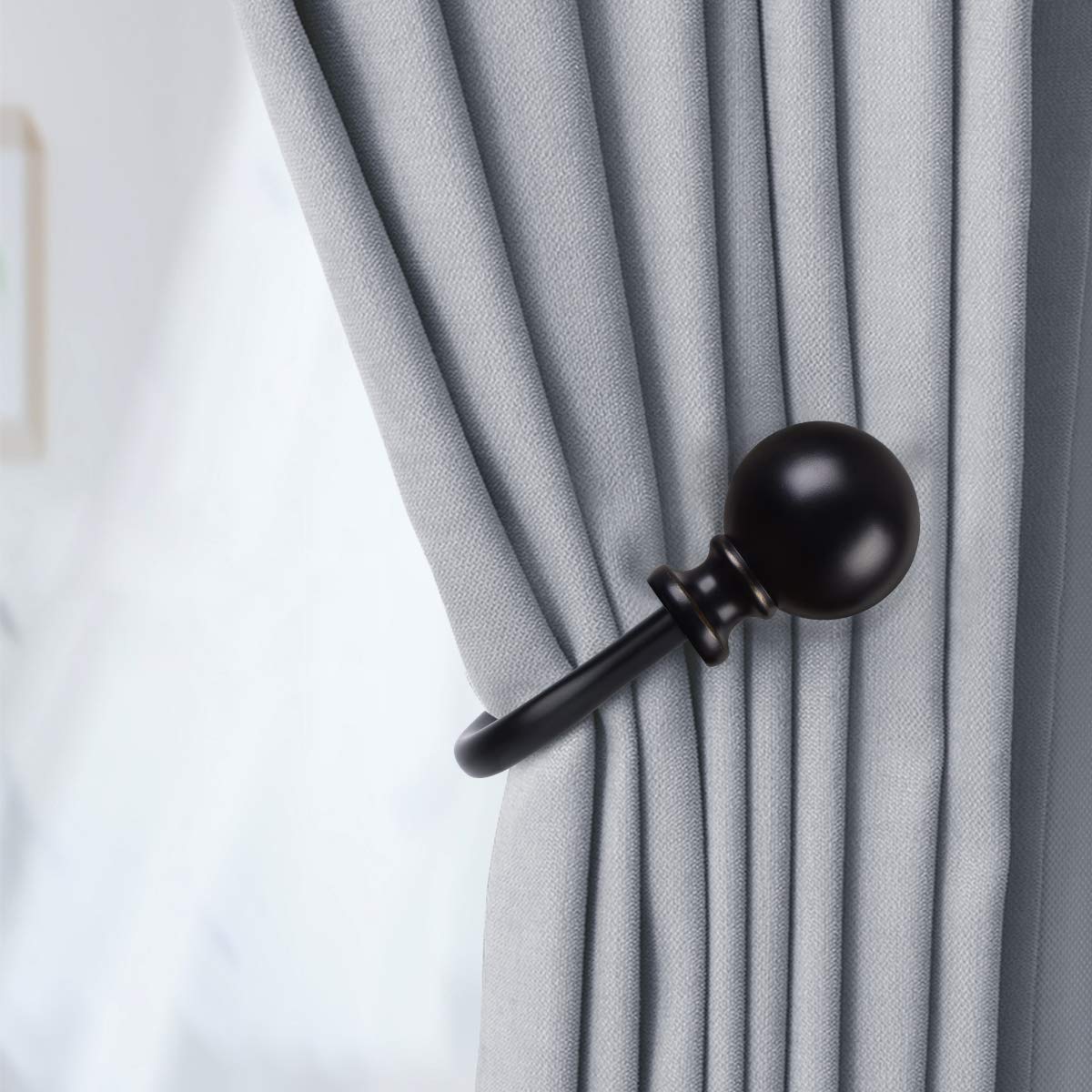 KAMANINA Curtain Holdbacks, Black Curtain Tiebacks Wall Mounted with Round Finials, Metal Curtain Pull Backs with Screws, Decorative Curtain Hooks for Drapes Bedroom (1 Pair/2 Pack, Small)
