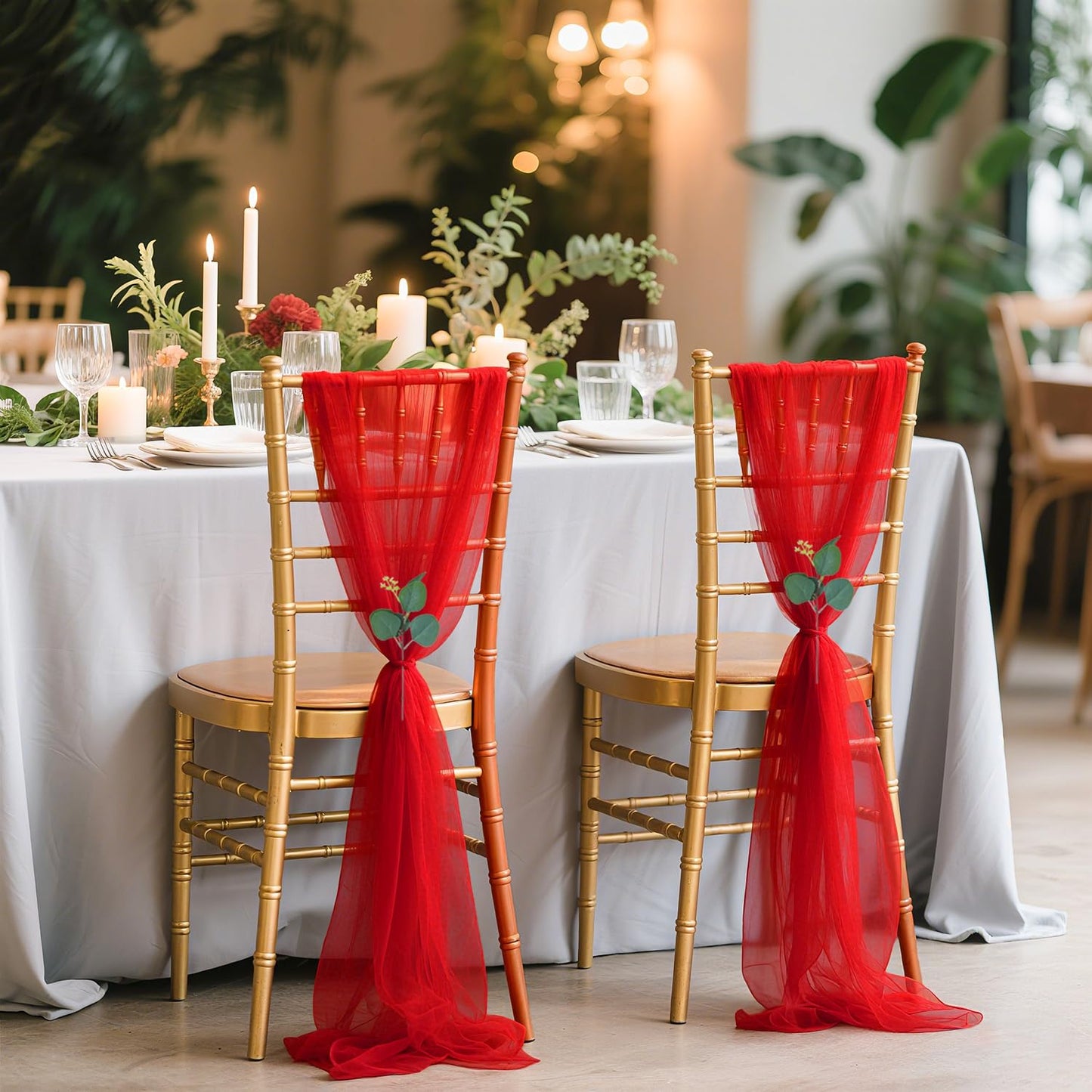 FUHSY Wedding Chair Sashes Upgraded 24 Pack 8FT Long Red Sashes for Chair Covers Aisle Decorations for Wedding Ceremony Sheer Chiffon Chairs Bows for Party Event Banquet Prom Decor