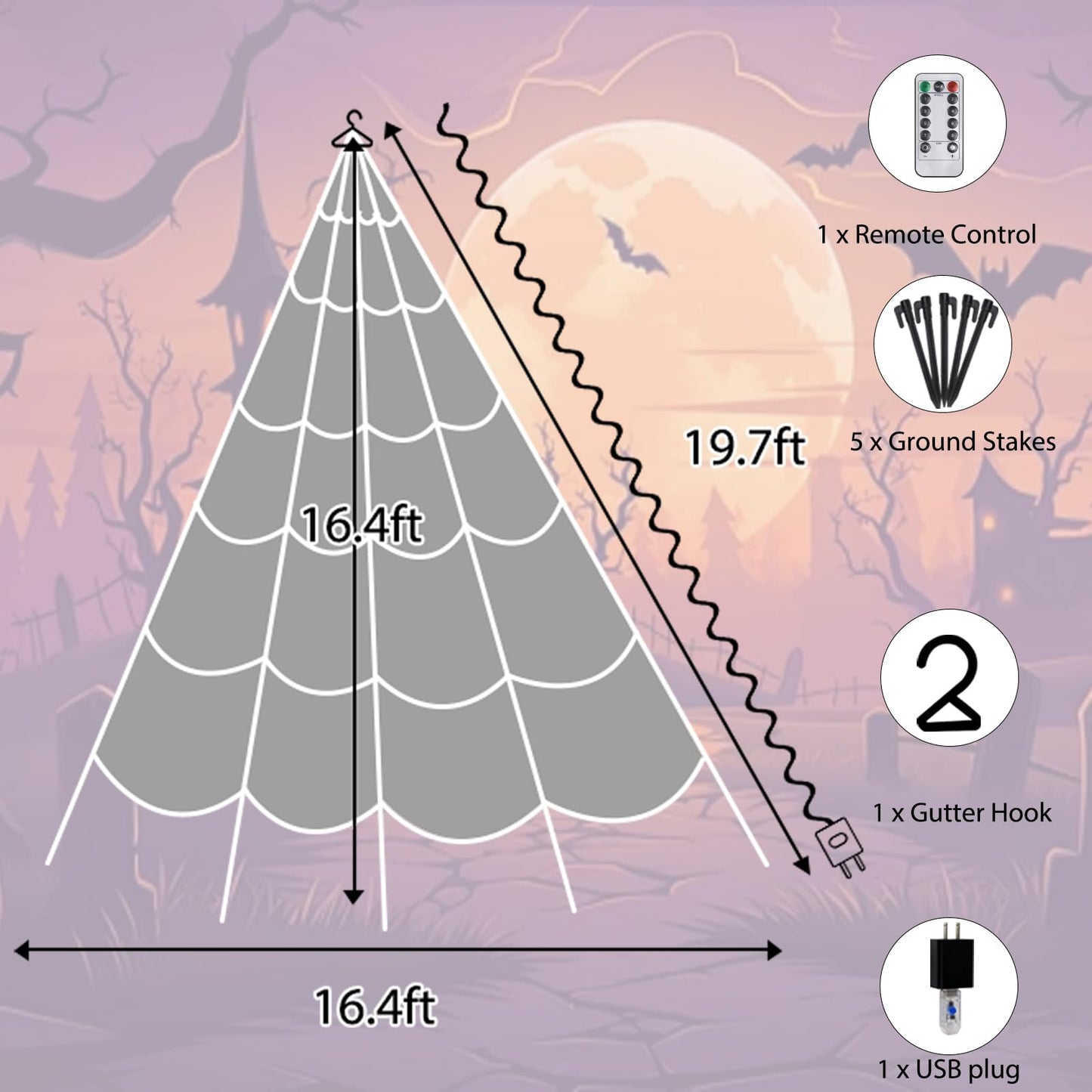 Halloween Decorations Outdoor, Spider Web Lights 250 LED Lighted Spider Web 16.4Ft Giant Halloween Decorations Light up, 8 Lighting Modes Waterproof & Timer for Indoor Haunted House Yard Decor, Purple