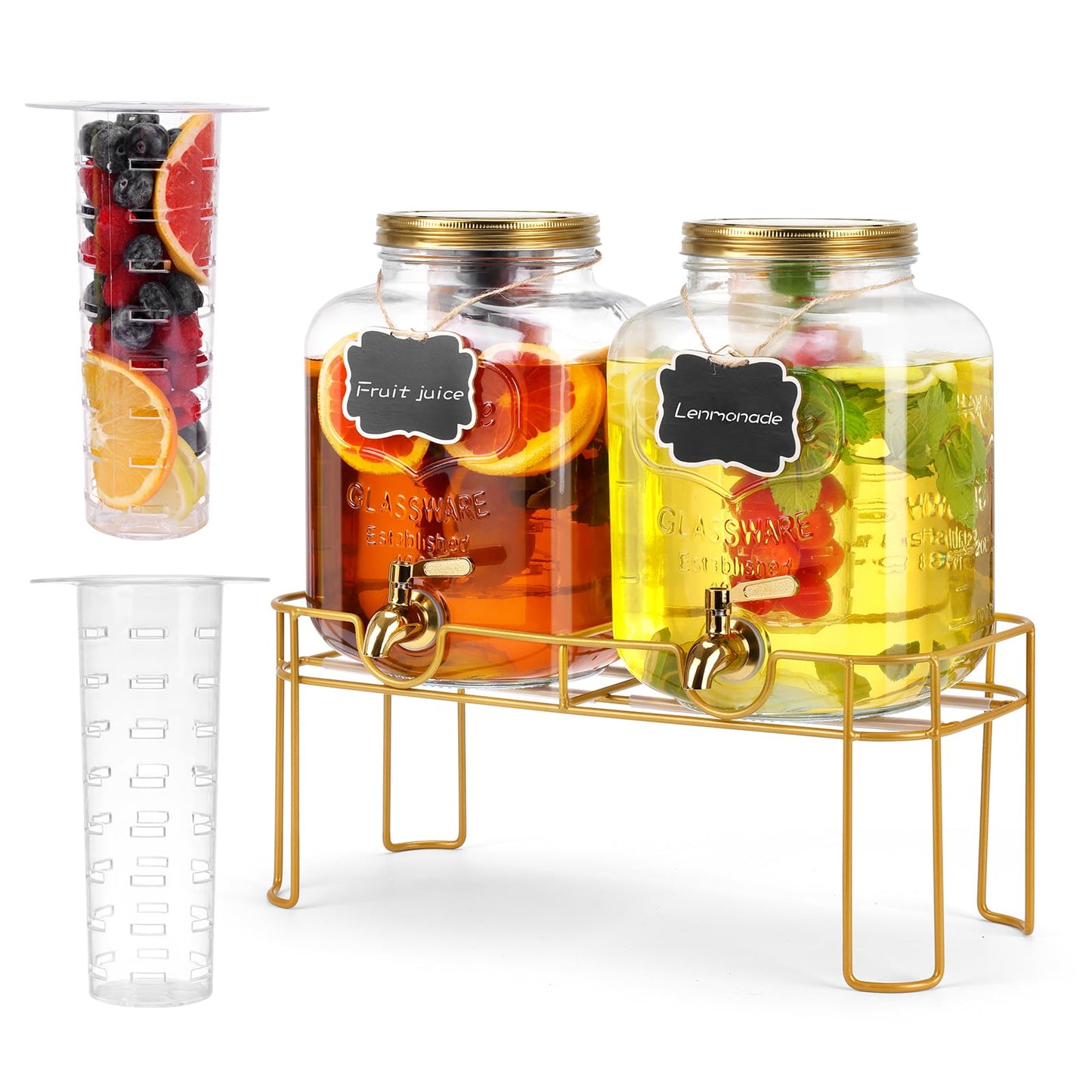 1.6 gallon Glass Beverage Dispenser with Stand, 2PACK Lemonade Dispenser with Spigot Stainless Steel, Drink Dispensers for Parties,Picnic,Weddings(Golden)