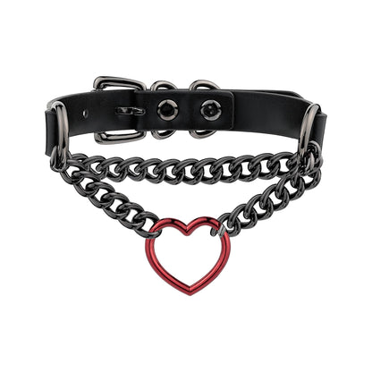 ADEMISHIA Black/Pink Leather Choker Necklace For Women, Handmade Adjustable Chain Collar with Metallic Heart Ring
