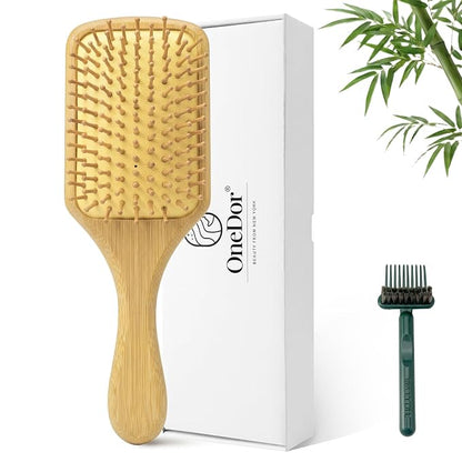Onedor Bamboo Hair Brush Natural Wooden Paddle Hairbrush with Bamboo Bristles for Detangling and Scalp Massage for Women & Men Suitable for Straight Curly Thick or Thin Hair (Paddle)