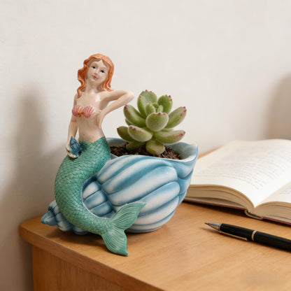 KARSTSYLVA Mermaid Resin Planter Statue, Conch Base Succulent Flower Pot for Home Garden Nautical Decor (Blue)