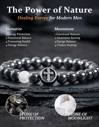 Landorilo Gifts for Men, 8mm Cross Natural Stone Beaded Bracelets, Hematite Healing Bracelet, Handmade Mens Jewelry Gift for Him, Husband, Son, Father, Friend(Happy Birthday-7.5in)
