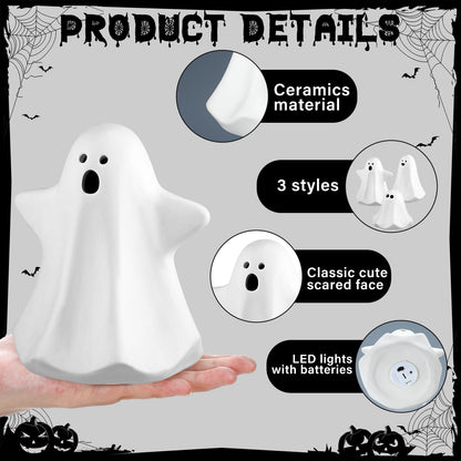 Domensi 9 Pcs Halloween Ceramic Ghost Figurines with LED Lights, Large 5.12 White Spooky Ghost Sculpture Statue Cute Halloween Miniatures for Gifts Centerpiece Table Mantel Collections Decorations