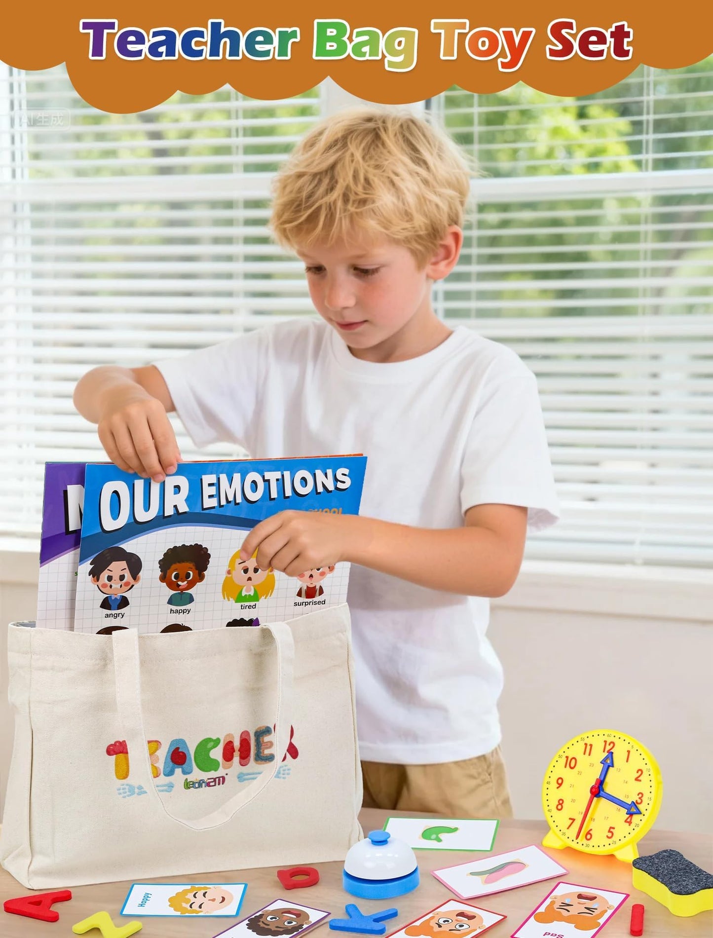 Learn2M Pretend Play Teacher Sets for Kids, Role Pretend Play Kids School Toys with Whiteboard, Teacher Bag, Magnetic Puzzles, Clock, Posters and Teacher Supplies Classroom Learning Set