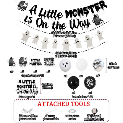 Halloween Gothic Baby Shower Decorations, A Little Monster is on the Way Banner Garland Ghost Bat Little Monster Cake and Cupcake Toppers Balloons Kit for Halloween a Baby Is Brewing Party Supplies