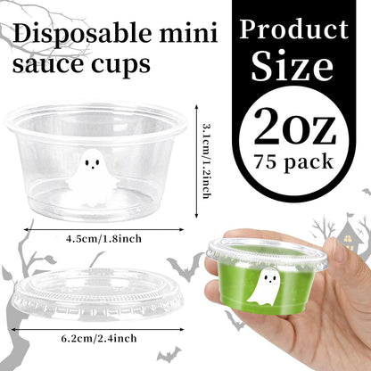 FYSUIMU 75 Pcs Halloween Sauce Cup Mini White Ghost Jelly Shot Cups with Lids Disposable Plastic Containers for Holidays Party Supplies, 2 oz