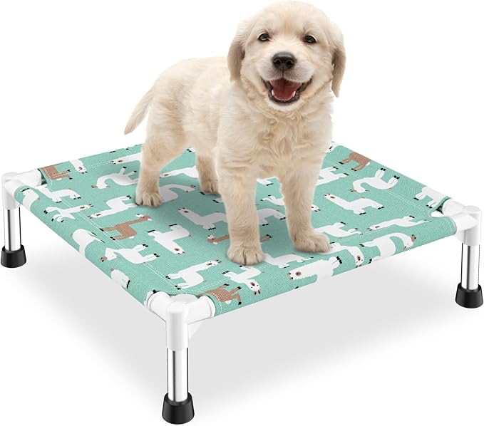 Cute Alpaca Print Elevated Dog Bed - Portable Cooling Pet Cot for Small Dogs - Breathable Thickened Fabric Hammock, Crate Compatible, Indoor & Outdoor Use