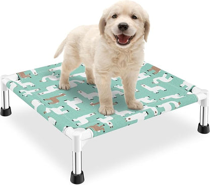 Cute Alpaca Print Elevated Dog Bed - Portable Cooling Pet Cot for Small Dogs - Breathable Thickened Fabric Hammock, Crate Compatible, Indoor & Outdoor Use