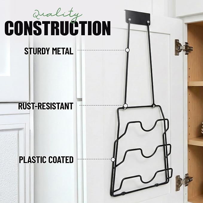 Evelots 2-in-1 Pot Lid Organizer with Towel Holder - 2 Pack, 3-Tier Cabinet Door Rack - Space-Saving Kitchen Organizer for Glass or Metal Pan Lids & Towels - Over the Door Design - Black