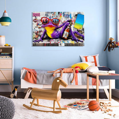 16x24 Urban Graffiti Purple Frog with Sunglasses Wall Art Canvas Painting Gallery Pop Art Street Artwork Decor Teen Little Boys Room Pictures Kids Bedroom Framed Posters for Men Office Living room