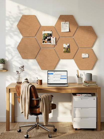 Uoisaiko 12" Large Bulletin Board with 30 Push Pins, Pack of 8 Hexagon Felt Pin Board Notice Boards for Home Office, Felt Wall Tiles for Photos Memos (Brown)