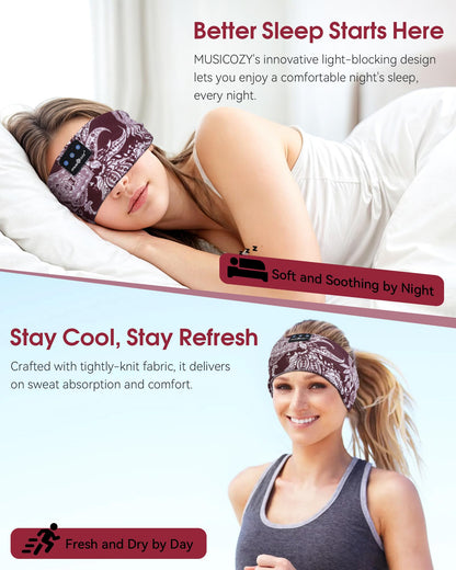 MUSICOZY Sleep Headphones Bluetooth Headband 5.4 Wireless Headband Headphones for Sleeping for Side Sleeper with Ultra-Thin HD Stero Speaker for Workout