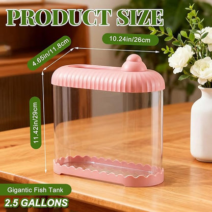 Geelin Pink 2 Gallon Plastic Aquaponic Betta Fish Tank Large Bowl Shatterproof Small Ecosystem Aquarium with Secure Buckle Lid, Clear Clarity for Terrarium, Flower Vase Betta Fish Tabletop Gifts